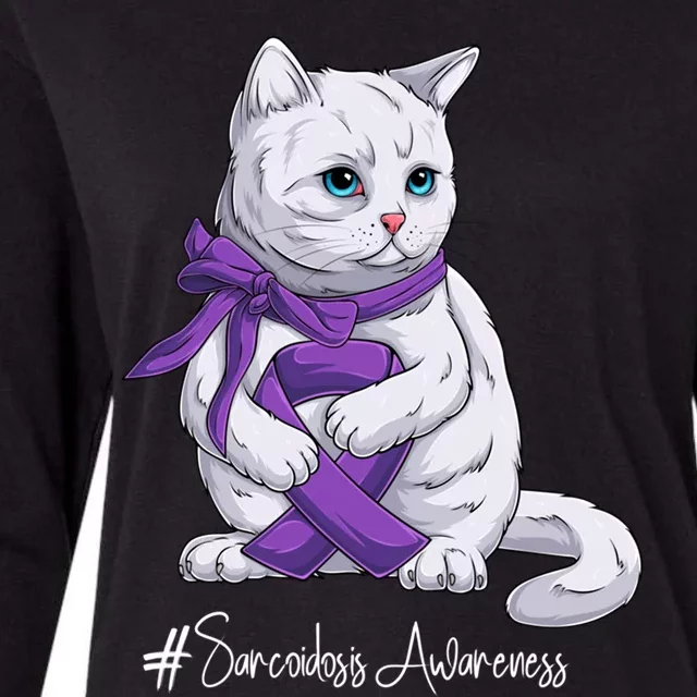 Sarcoidosis Awareness Month Purple Ribbon Cat Gift Womens Cotton Relaxed Long Sleeve T-Shirt