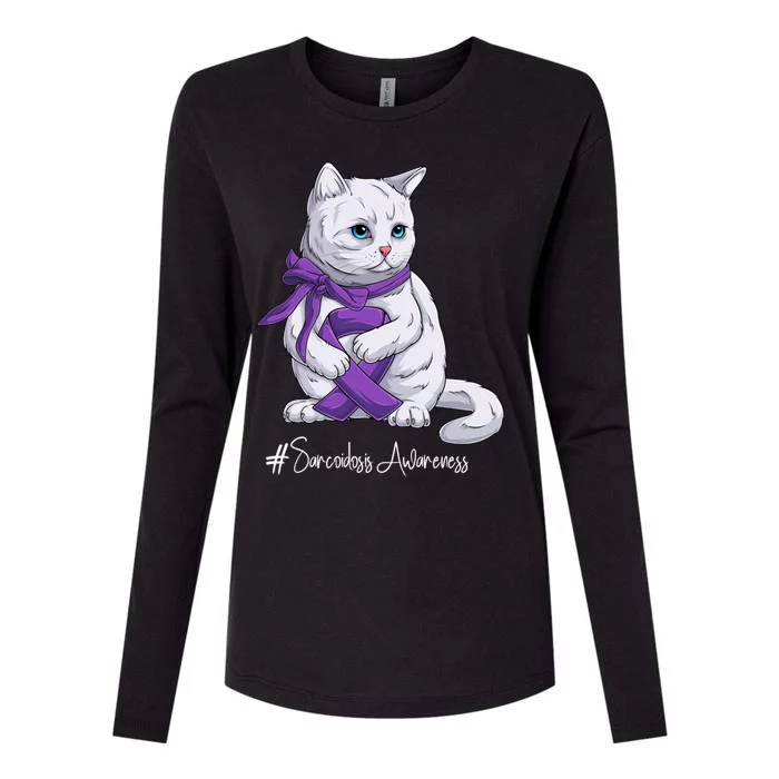 Sarcoidosis Awareness Month Purple Ribbon Cat Gift Womens Cotton Relaxed Long Sleeve T-Shirt