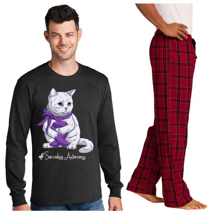 Sarcoidosis Awareness Month Purple Ribbon Cat Gift Long Sleeve Pajama Set