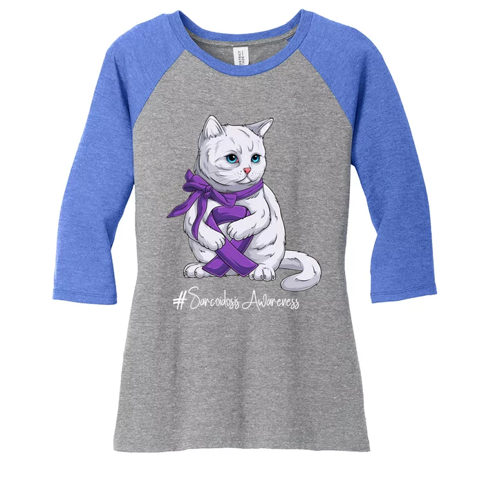 Sarcoidosis Awareness Month Purple Ribbon Cat Gift Women's Tri-Blend 3/4-Sleeve Raglan Shirt