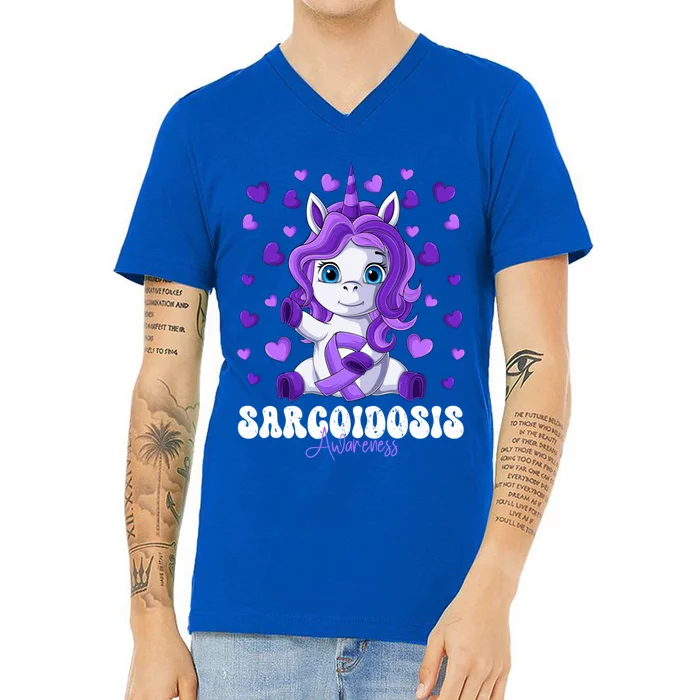 Sarcoidosis Awareness Month Purple Ribbon Unicorn Gift V-Neck T-Shirt