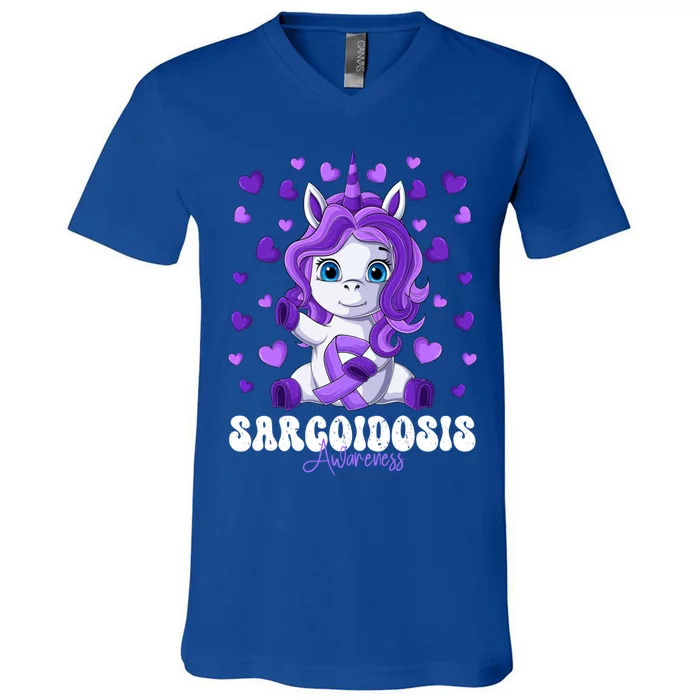 Sarcoidosis Awareness Month Purple Ribbon Unicorn Gift V-Neck T-Shirt