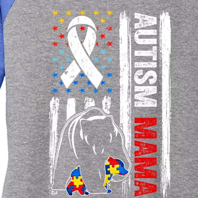 Support Autism Mama Bear Awareness American Flag Meaningful Gift Women's Tri-Blend 3/4-Sleeve Raglan Shirt