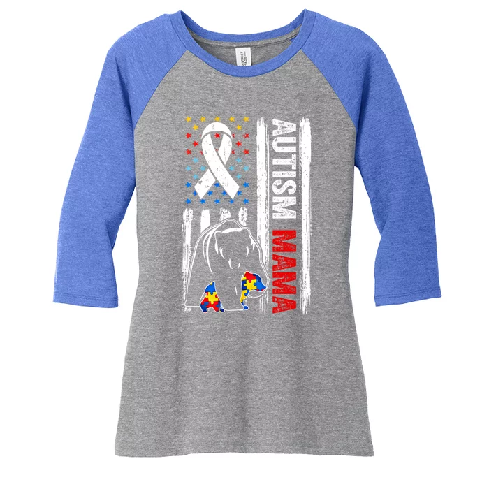 Support Autism Mama Bear Awareness American Flag Meaningful Gift Women's Tri-Blend 3/4-Sleeve Raglan Shirt