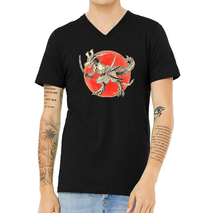 Samurai T-Rex V-Neck T-Shirt