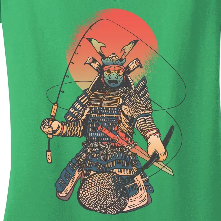 Samurai Warrior Fishing Women's V-Neck T-Shirt