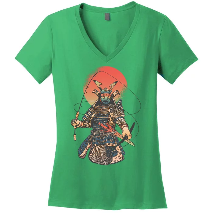 Samurai Warrior Fishing Women's V-Neck T-Shirt