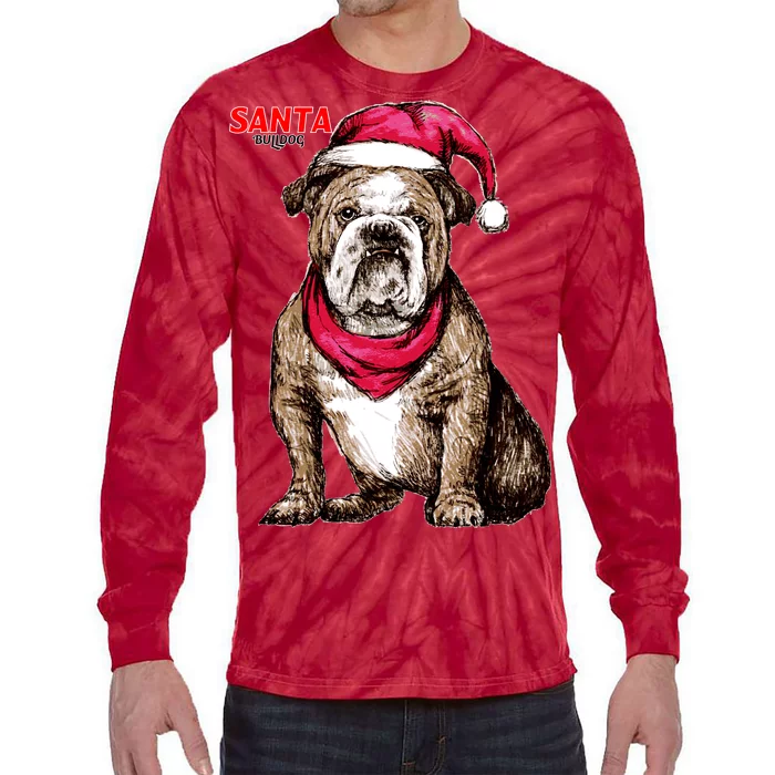 Santa Bulldog Christmas Hat Tie-Dye Long Sleeve Shirt