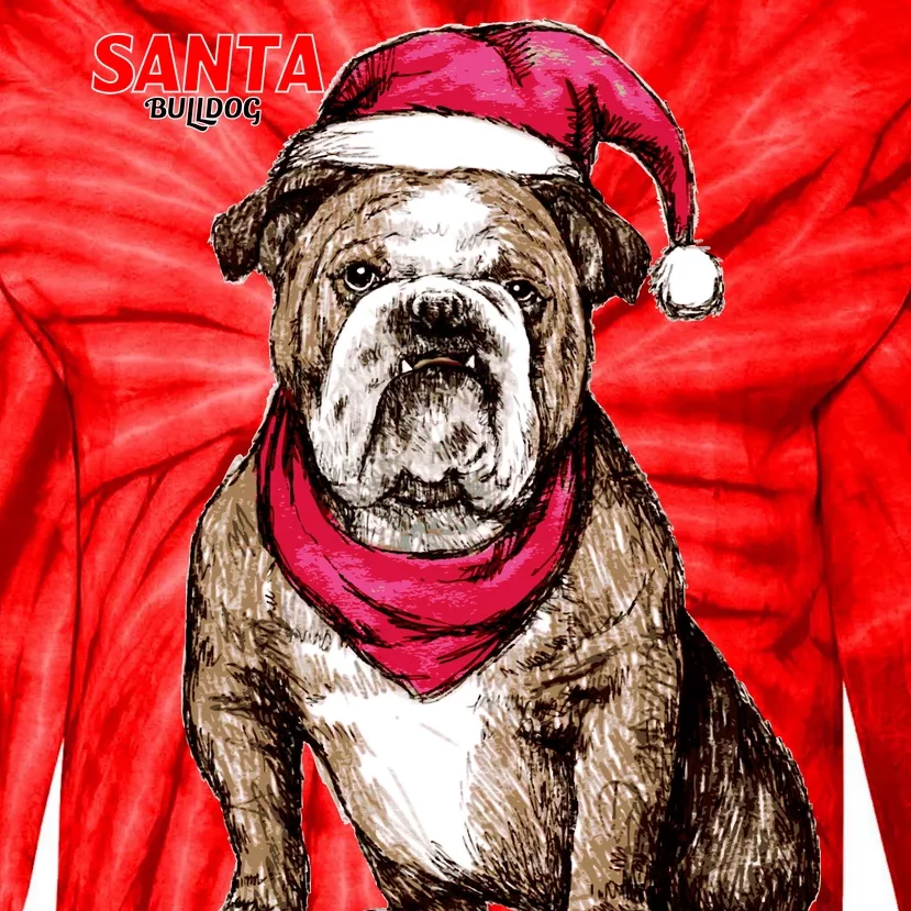 Santa Bulldog Christmas Hat Tie-Dye Long Sleeve Shirt