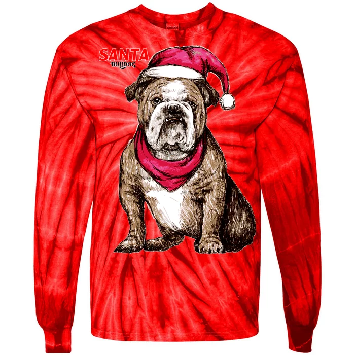 Santa Bulldog Christmas Hat Tie-Dye Long Sleeve Shirt