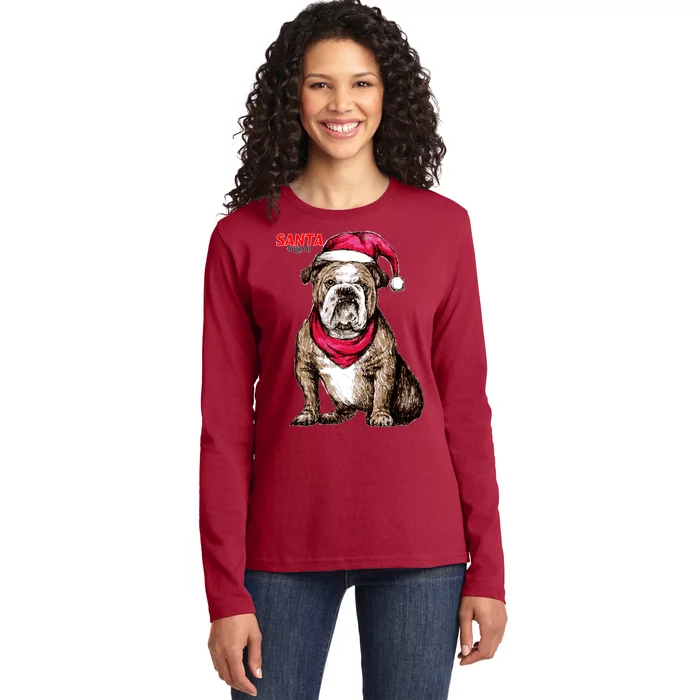 Santa Bulldog Christmas Hat Ladies Long Sleeve Shirt