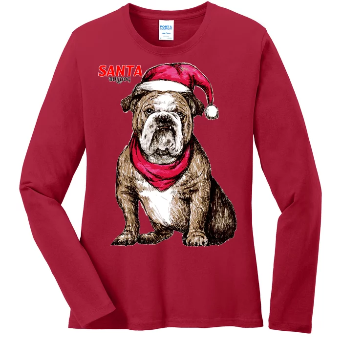 Santa Bulldog Christmas Hat Ladies Long Sleeve Shirt