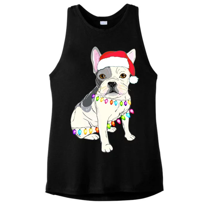 Santa Bulldog Christmas Lights Ladies Tri-Blend Wicking Tank