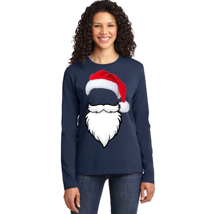 Santa Clause Mustache Beard Hat Ladies Long Sleeve Shirt