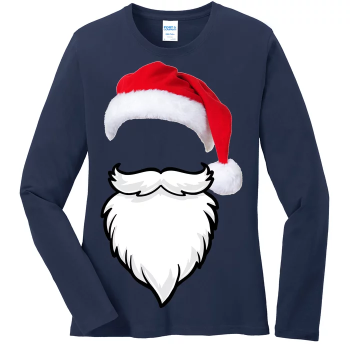 Santa Clause Mustache Beard Hat Ladies Long Sleeve Shirt