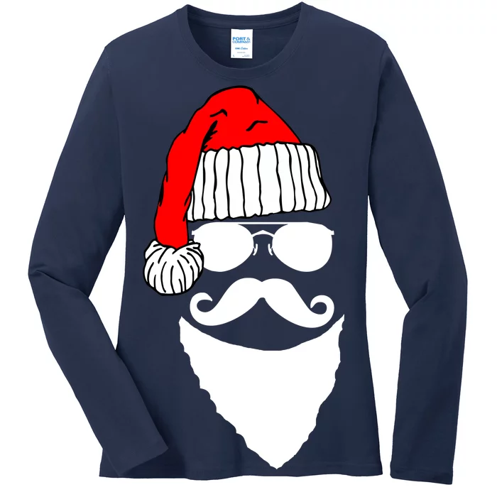 Santa Clause Mustache Face Ladies Long Sleeve Shirt