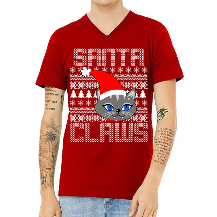 Santa Claws Cat Ugly Christmas Sweater Design V-Neck T-Shirt