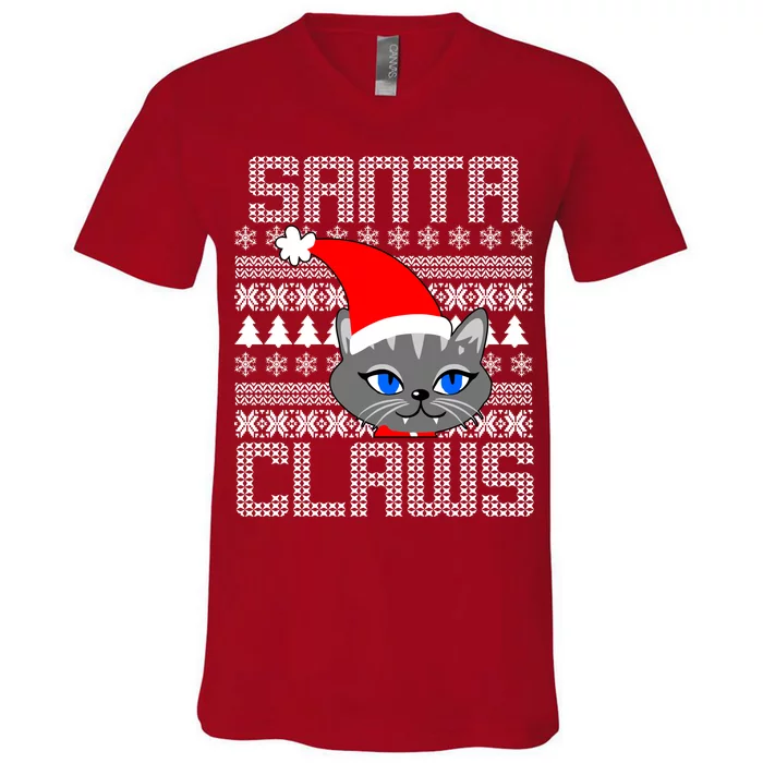 Santa Claws Cat Ugly Christmas Sweater Design V-Neck T-Shirt