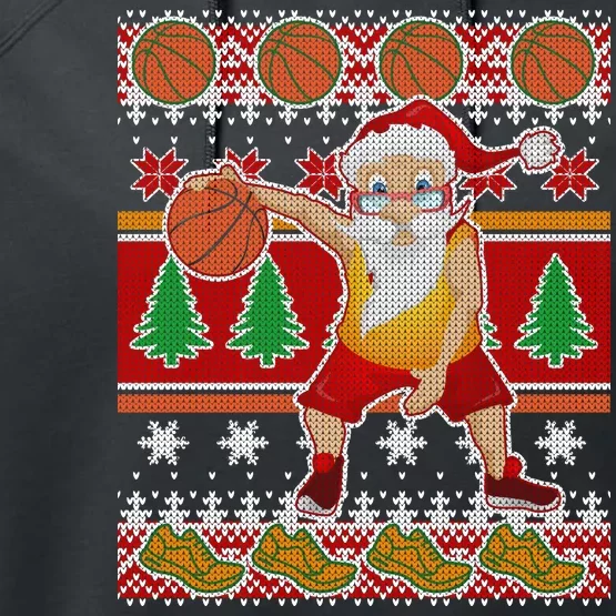 Santa Dribbling A Basketball Ugly Christmas Performance Fleece Hoodie