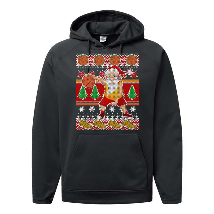 Santa Dribbling A Basketball Ugly Christmas Performance Fleece Hoodie