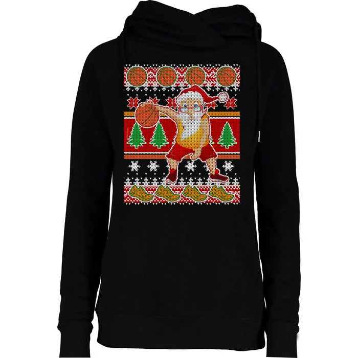 Santa Dribbling A Basketball Ugly Christmas Womens Funnel Neck Pullover Hood