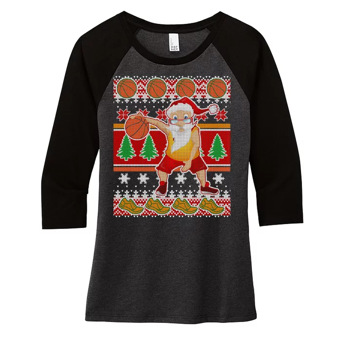 Santa Dribbling A Basketball Ugly Christmas Women's Tri-Blend 3/4-Sleeve Raglan Shirt