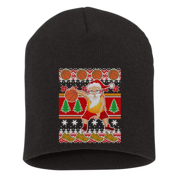 Santa Dribbling A Basketball Ugly Christmas Short Acrylic Beanie