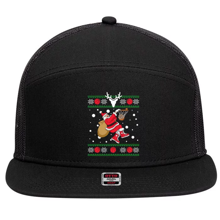 Santa Dunking Basketball Ugly Christmas 7 Panel Mesh Trucker Snapback Hat