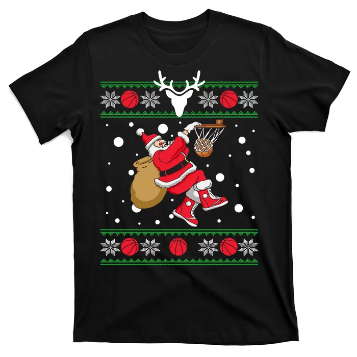 Santa Dunking Basketball Ugly Christmas T-Shirt