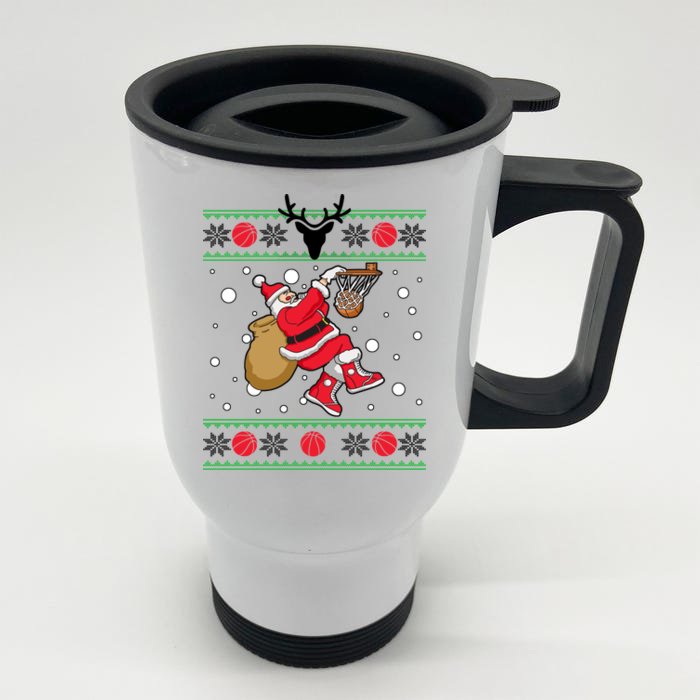 Santa Dunking Basketball Ugly Christmas Front & Back Stainless Steel Travel Mug