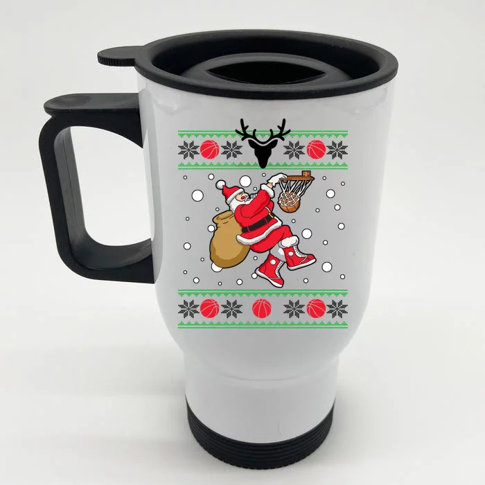 Santa Dunking Basketball Ugly Christmas Front & Back Stainless Steel Travel Mug