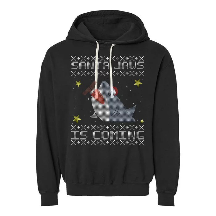 Santa Jaws Is Coming Ugly Christmas Garment-Dyed Fleece Hoodie