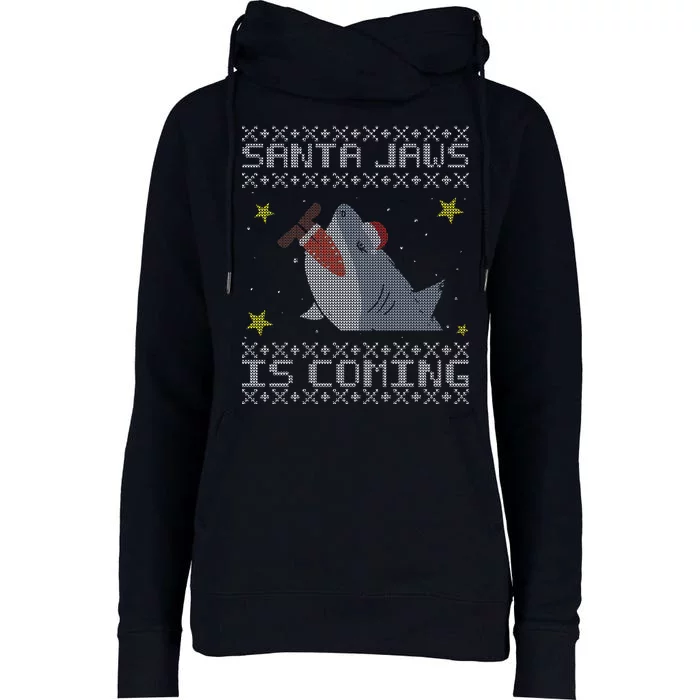 Santa Jaws Is Coming Ugly Christmas Womens Funnel Neck Pullover Hood