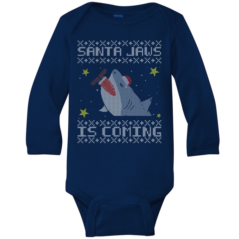 Santa Jaws Is Coming Ugly Christmas Baby Long Sleeve Bodysuit