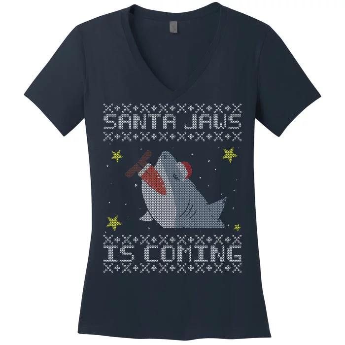 Santa Jaws Is Coming Ugly Christmas Women's V-Neck T-Shirt