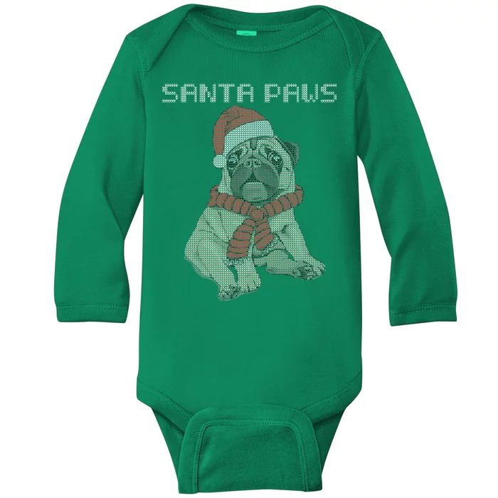 Santa Paws Pug Baby Long Sleeve Bodysuit