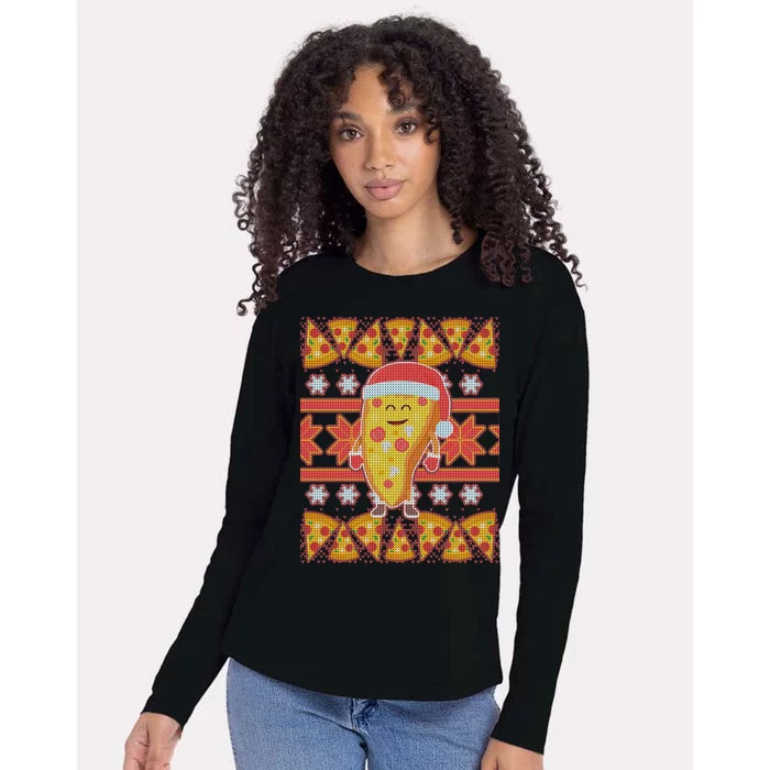 Santa Pizza Lover Ugly Christmas Sweater Womens Cotton Relaxed Long Sleeve T-Shirt