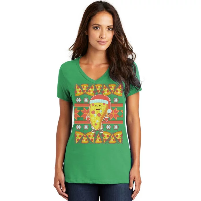 Santa Pizza Lover Ugly Christmas Sweater Women's V-Neck T-Shirt