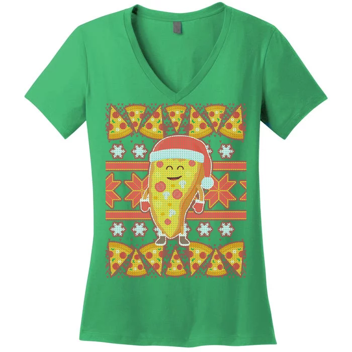 Santa Pizza Lover Ugly Christmas Sweater Women's V-Neck T-Shirt