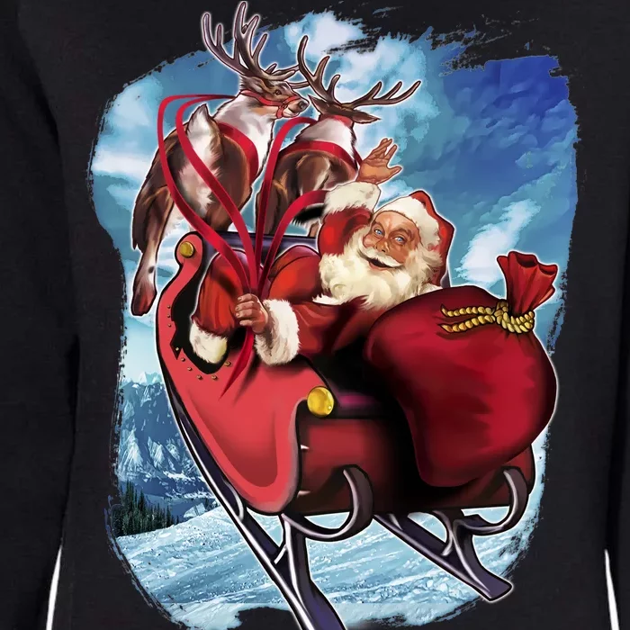 Santa Reindeer Sleigh Flying Over Snow Womens California Wash Sweatshirt