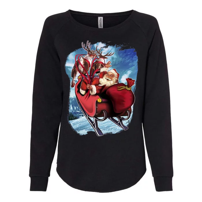 Santa Reindeer Sleigh Flying Over Snow Womens California Wash Sweatshirt