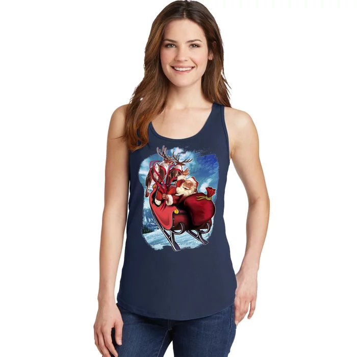 Santa Reindeer Sleigh Flying Over Snow Ladies Essential Tank