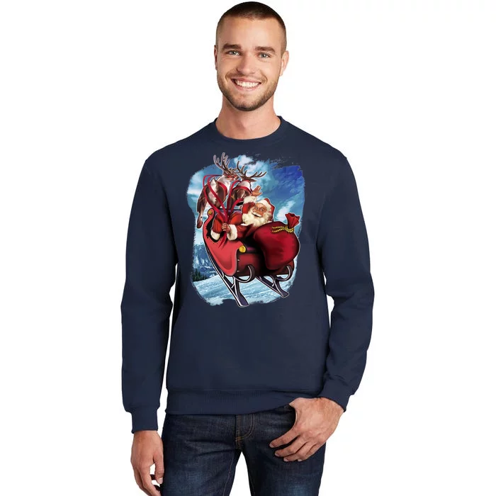 Santa Reindeer Sleigh Flying Over Snow Tall Sweatshirt