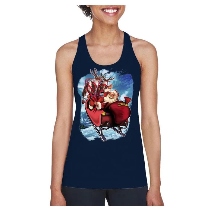 Santa Reindeer Sleigh Flying Over Snow Women's Racerback Tank