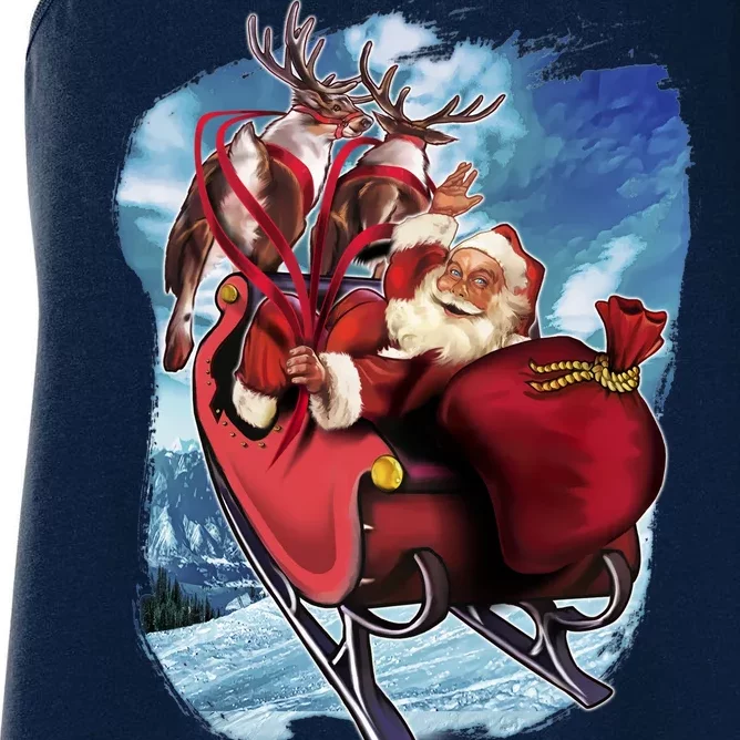 Santa Reindeer Sleigh Flying Over Snow Women's Racerback Tank