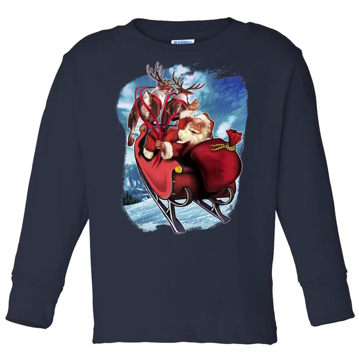 Santa Reindeer Sleigh Flying Over Snow Toddler Long Sleeve Shirt