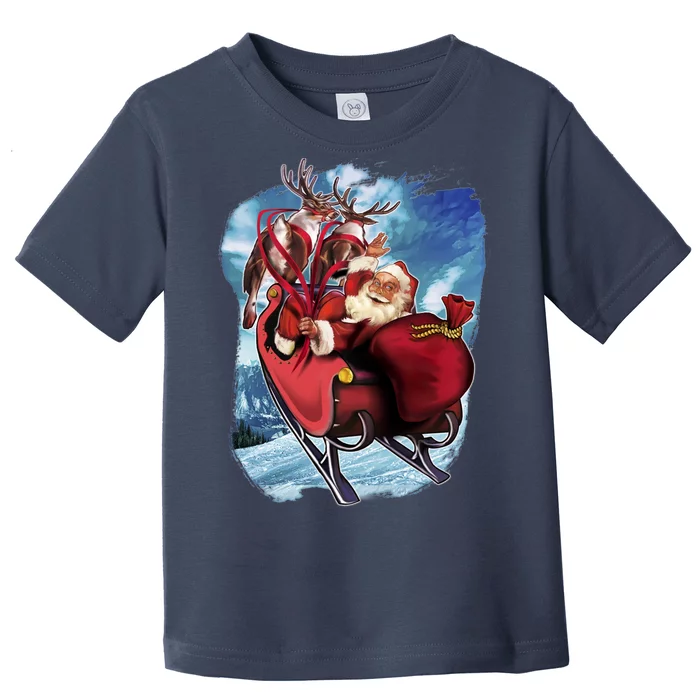 Santa Reindeer Sleigh Flying Over Snow Toddler T-Shirt