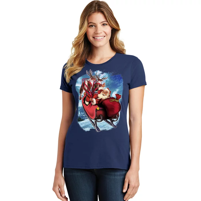 Santa Reindeer Sleigh Flying Over Snow Women's T-Shirt