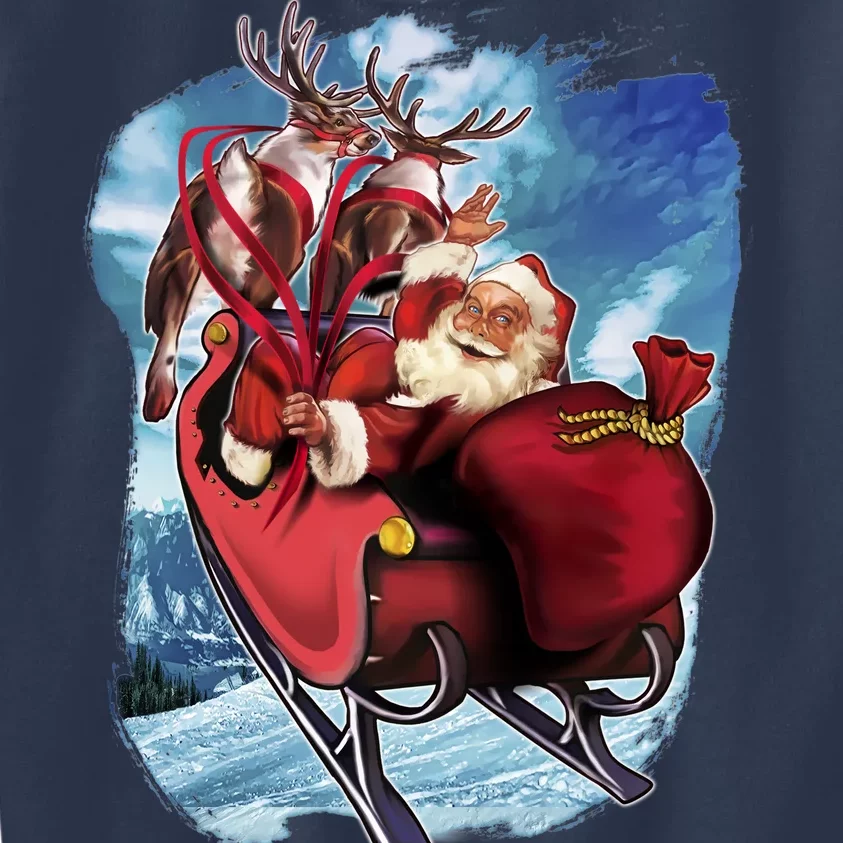 Santa Reindeer Sleigh Flying Over Snow Kids Sweatshirt