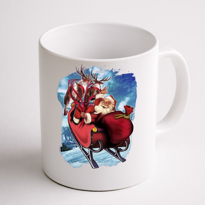 Santa Reindeer Sleigh Flying Over Snow Front & Back Coffee Mug